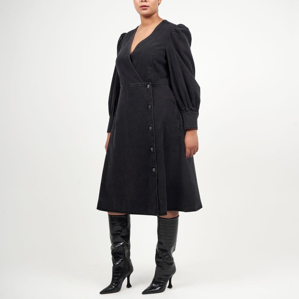 la joie Long Sleeve V-Neck Button Front Denim Wrap Dress in Black Size M